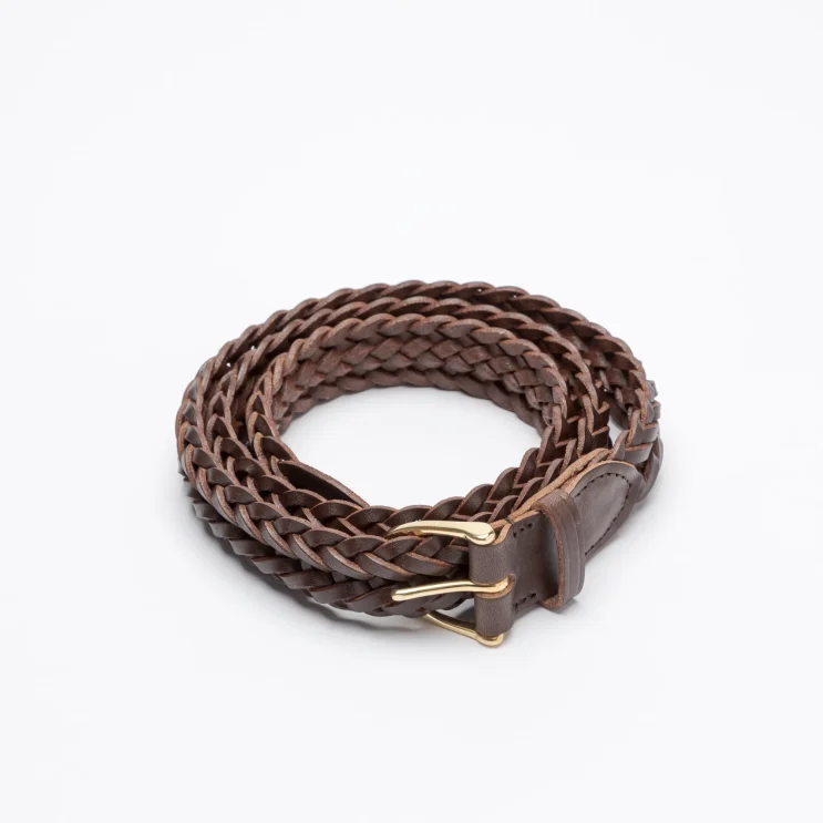 Inverted Plait Belt in Veg Leather in Dark Brown coiled