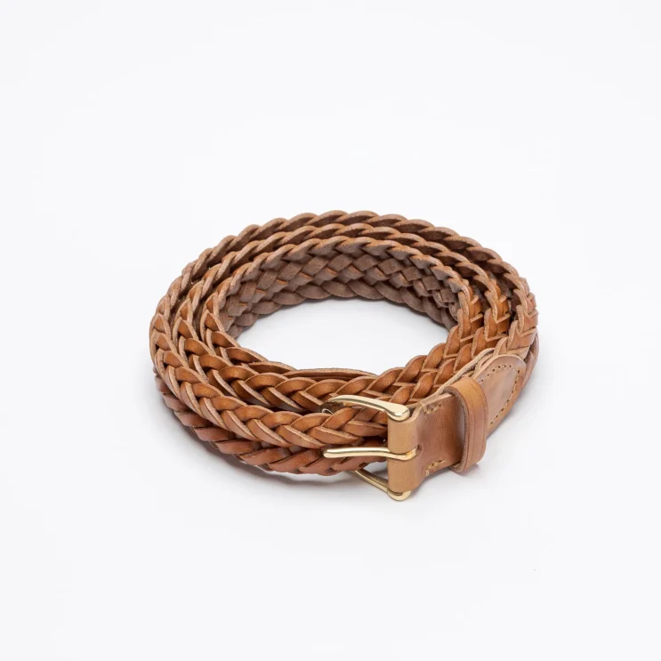Inverted Plait Belt in Veg Leather in Tan coiled
