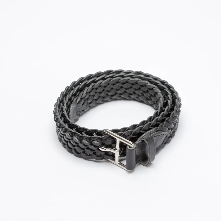Basket Weave Plait Belt in Veg Leather in Black coiled