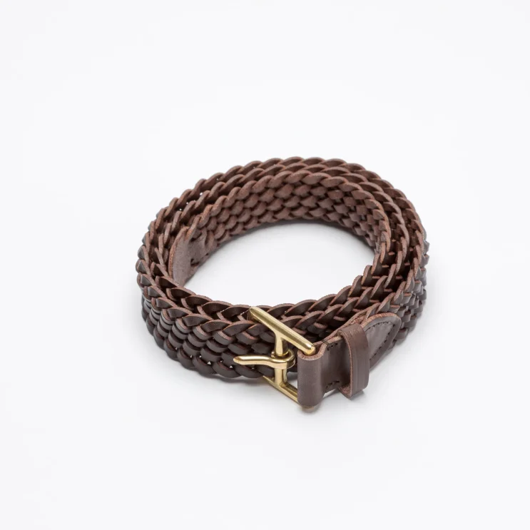 Basket Weave Plait Belt in Veg Leather in Dark Brown coiled