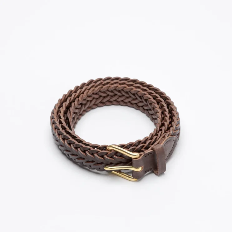 Lightweight Herringbone Belt in Veg Leather in Brown coiled