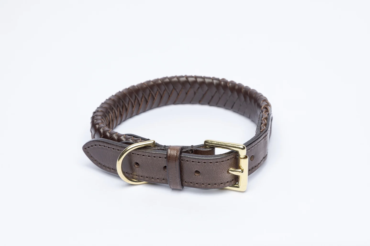 Plaited Dog Collar in Vegetable Tan Leather in Dark Brown coiled