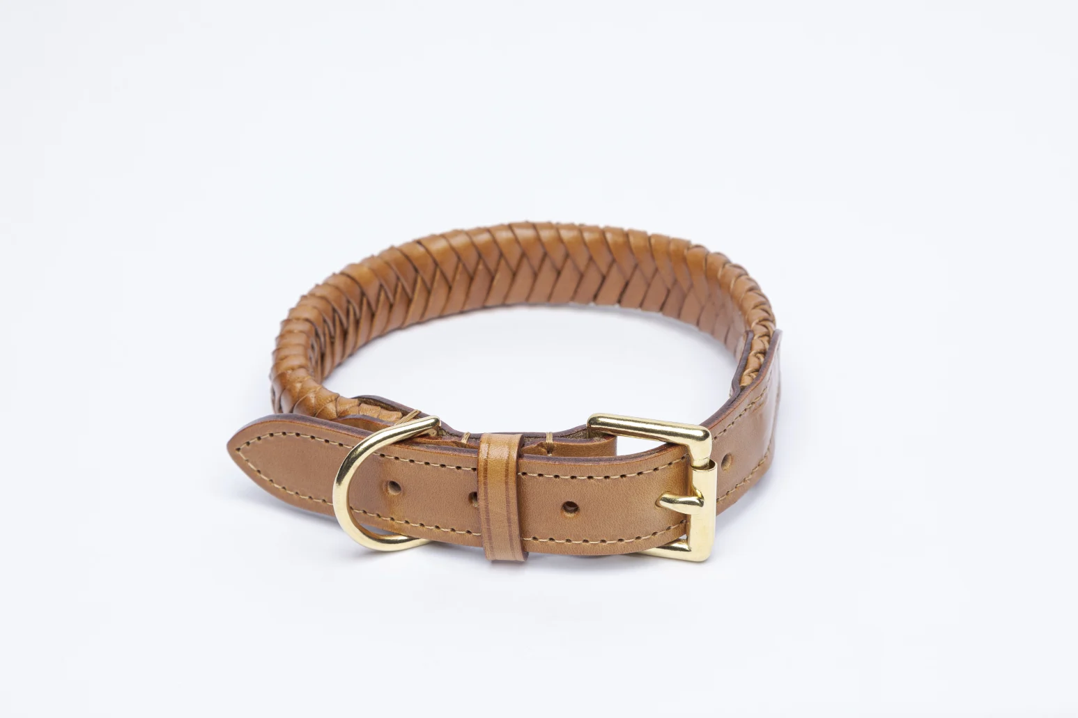 Plaited Dog Collar in Vegetable Tan Leather in Tan coiled
