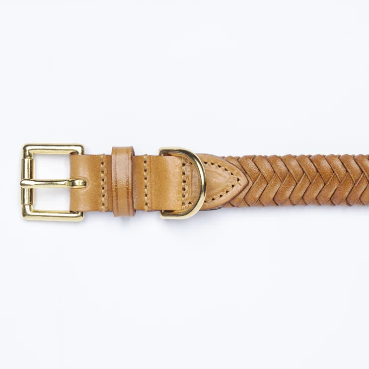 Plaited Dog Collar in Vegetable Tan Leather in Tan detail