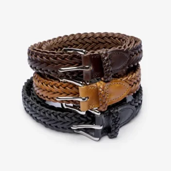 Three stacked Herringbone Plaited From The Point Belt in Full Grain Vegetable Tanned Leather